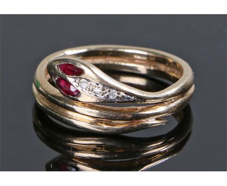 9 carat gold diamond and ruby snake ring, with ruby eyes and a row of diamonds, ring size O