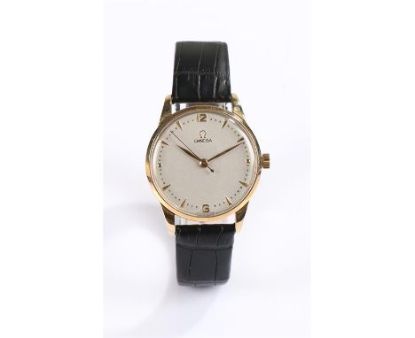 Omega gentleman's gold plated wristwatch, the dial with gilt batons, Arabic numerals at the twelve and six positions, manual 
