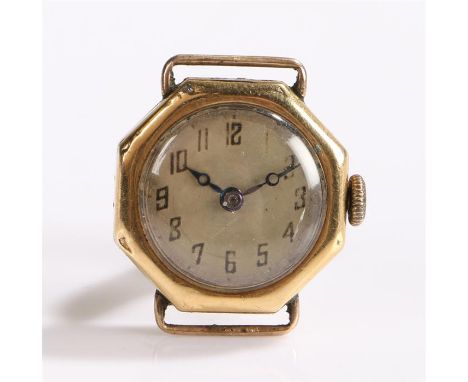 18 carat gold octagonal cased ladies wristwatch, the dial with Arabic numerals, manual wound, the dial 21mm diameter