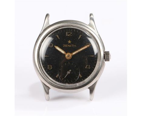 Zenith military stainless steel wristwatch, circa 1940's, the signed black dial with Arabic and baton numerals, subsidiary se