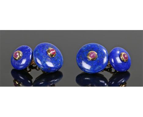 Pair of lapis lazuli and ruby cufflinks, of circular form with a ruby to the centre, 14mm diameter 