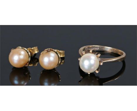 9 carat gold pearl set ring, ring size M 1/2 together with a pair of earrings set with pearls, (3)