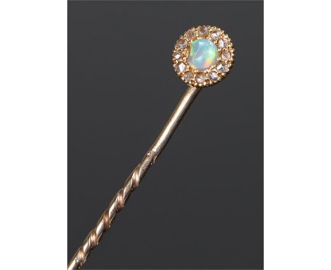 Opal and diamond set stick pin, with a central opal and diamond surround 