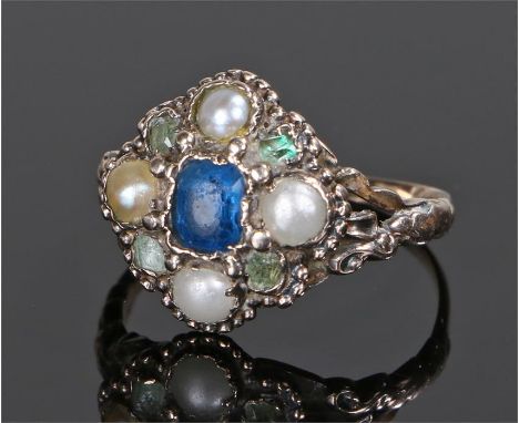 Multiple stone set ring, set with a sapphire, pearls and pale green stones, ring size L