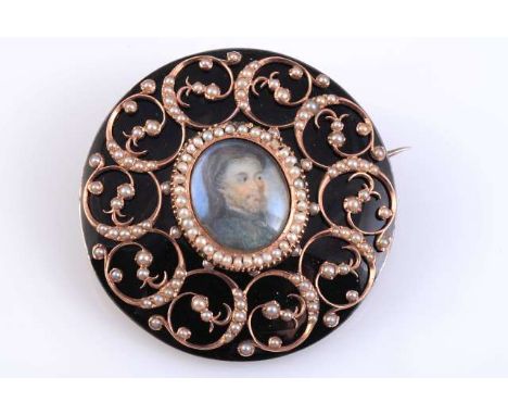 A SEED PEARL AND ENAMEL MEMORIAL BROOCH
c.1870-80
Set to the centre with an oval portrait miniature of a Gentleman, set withi
