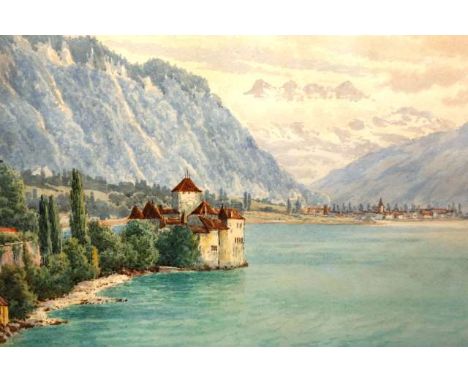THEODORE RENKEWITZ (1833-1913)
Chateau de Chillon, Lake Geneva
Signed and dated (18)99 lower right, watercolour, framed. 
29c
