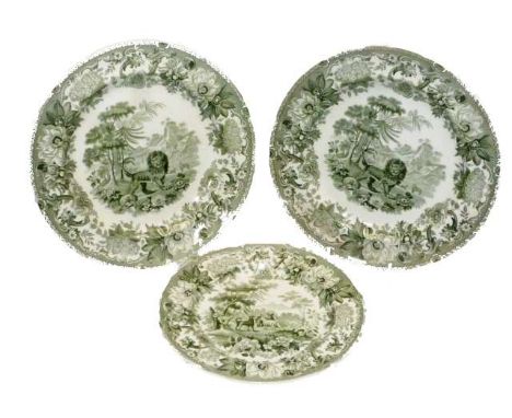 SPODE
"AESOP'S FABLES"
THREE GREEN PRINTED POTTERY PLATES
Comprising a pair of dinner plates printed with "The Fox and the Li
