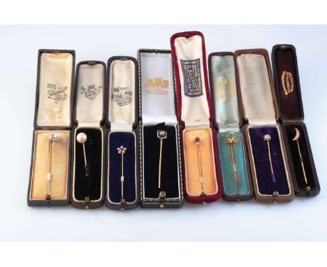 A COLLECTION OF EIGHT VICTORIAN TIE PINS
To include three pearl set, one large single cultured pearl; another with seven seed