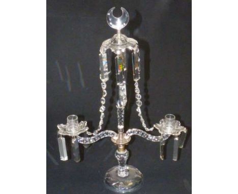 A REGENCY STYLE CUT-GLASS TABLE LUSTRE CANDELABRUM, 
Late 19th Century
With twin branches suspending prism drops, surmounted 