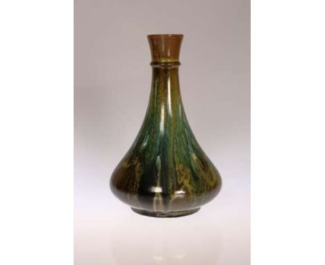 CHRISTOPHER DRESSER
A LINTHORPE POTTERY VASE
Of sack-form with lustrous mottled glaze, no. 35, Henry Tooth monogram, facsimil