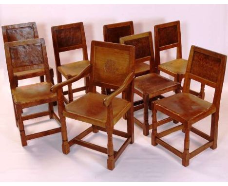 ROBERT THOMPSON OF KILBURN
AN EARLY SET OF SEVEN MOUSEMAN OAK DINING CHAIRS
c.1930's/40's
Each with burr panel back and leath