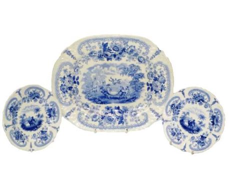 BRAMELD
"DON QUIXOTE"
A BLUE PRINTED POTTERY ASHET AND PAIR OF PLATES
The small ashet impressed BRAMELD and no. 12, the plate