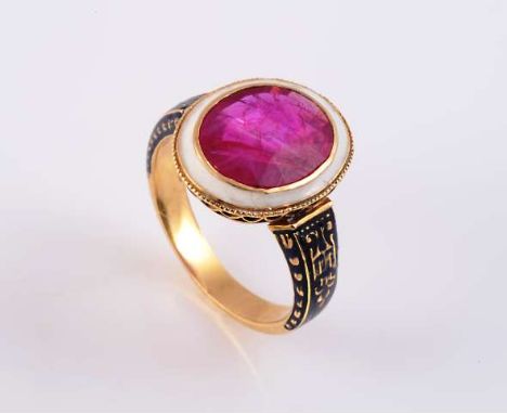 A VICTORIAN RUBY AND ENAMEL RING
c.1870-80
The oval mixed cut ruby collet set within an open pierced detail mount set with a 