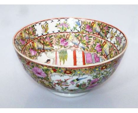A CANTONESE FAMILLE ROSE BOWL
Circular, enamel painted with vignettes of figures, bird, insects and foliage, six character ma