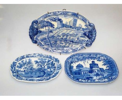 JOHN ROGERS & SON
"MONOPTEROS"
AN ORIENTAL SCENERY BLUE PRINTED POTTERY SMALL ASHET
Impressed mark, 27cm; together with a "Sc