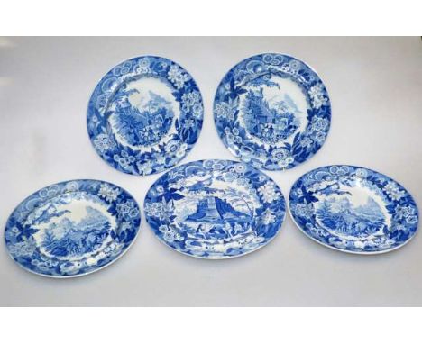 DON POTTERY
NAMED ITALIAN VIEWS SERIES
FIVE BLUE PRINTED POTTERY PLATES
Comprising two decorated with "Monastery at Tre Casta