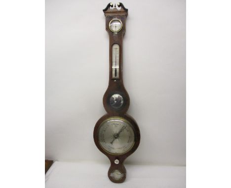 An early 19th century string inlaid, mahogany barometer having a swan neck pediment over a dry/damp, thermometer, mirror, sil