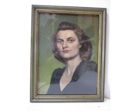 John Turner - a head and shoulder portrait of a woman with brown wavy hair, wearing a pearl necklace and black dress, oil on 