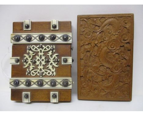 A late 19th century Chinese carved wooden card case decorated with a dragon and clouds with a detachable lid, 4 1/4 x 3 3/4, 