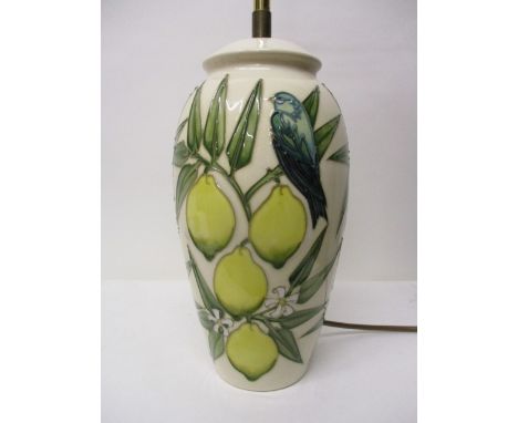 A Moorcroft pottery Lemon Tree pattern table lamp of tapered form, 10 1/2 h with a fabric shade