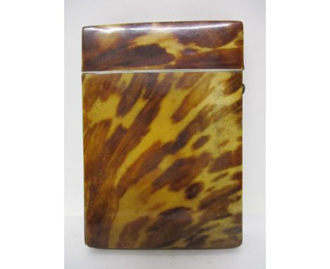 A late Victorian tortoiseshell card case of rectangular cushion form having a hinged lid with a button clasp, 4 x 2 3/4