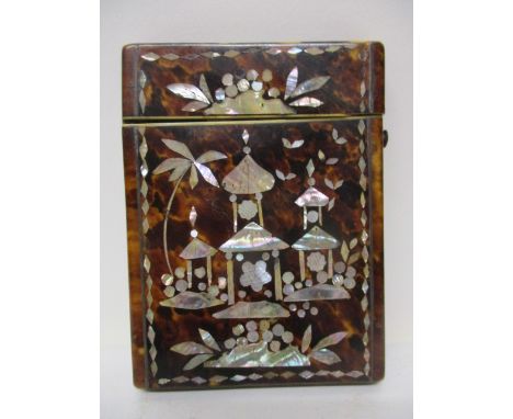 A late 19th century mother of pearl and white metal string inlaid tortoiseshell card case of rectangular form, having a hinge