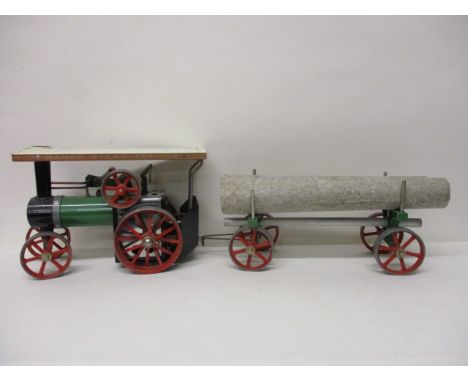 A Mamod 1313 model steam traction engine, 9 1/2 l and trailer with logs