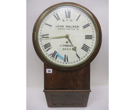 A 19th century railway clock by John Walker, mahogany drop dial chisel bottom case, the dial having Roman numerals and letter