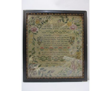 A George III sampler with verses and flowers in needlework and pastel by Emily Woodhouse, July 14 1815, 14 1/2 x 13, in a gla
