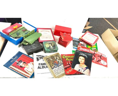Selection of vintage collectable items to include Escalado game, tins, coronation and football programmes