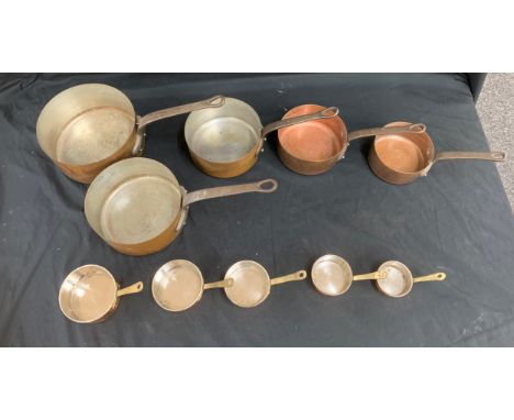 Large selection of assorted brass and copper cooking pans, largest measures approximately Height 4 inches, Length 16 inches
