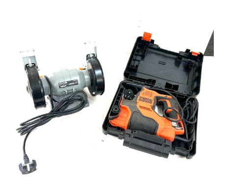 Selection of power tools includes Eauker grinder and a cased black and decker jigsaw 