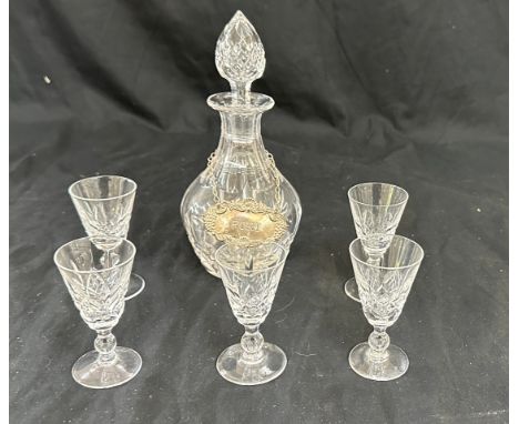Vintage Stuart Crystal glass decanter with a silver port tag and 5 Stuart crystal port glasses