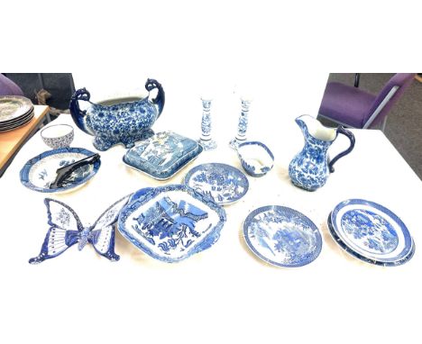 Large selection of blue and white porcelain items to include jugs, plates, tureen etc