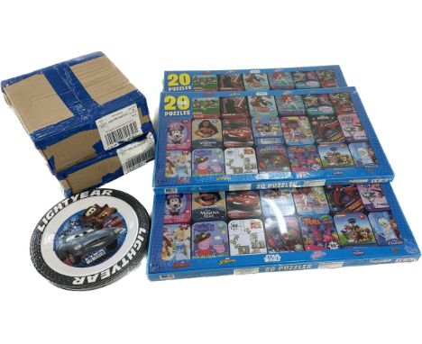 Approximately 18 Cars 2 tyre tread childrens plates and 3 new and sealed 20 puzzles to include Peppa Pig, Minions, Trolls etc