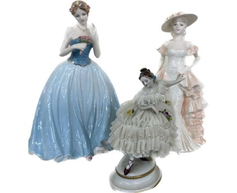 Two Coalport lady figures to include ' Dearest Rose' and ' Ladies of Fashion Cafe Royal' and one lady dresden figure, tallest