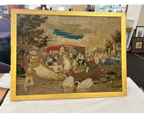 Large vintage framed tapestry measures approximately 44 inches by 34 inches