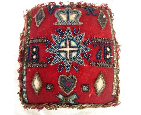 Antique hand embroidered cushion 1878 Remember me, cushion measures approximately 10 inches square