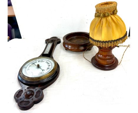 Vintage ships wheel design table lamp ( in need of re-wiring), wall hanging barometer, wooden bowl