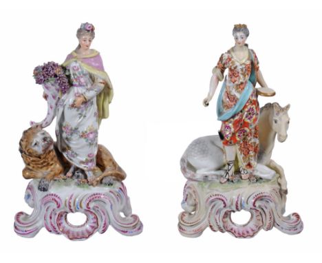  A pair of Continental porcelain figures   representing the Continents, circa 1900, in the Bow porcelain style,  Africa with 