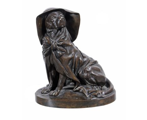 A French bronze figure of a dog, mid 19th century,  seated on its haunches and wearing a large hat and cape, the head hinged 