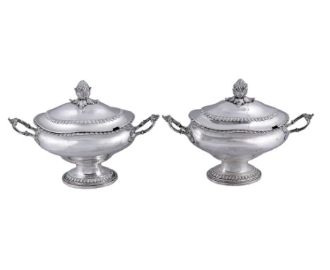  A pair of early George III silver oval pedestal sauce tureens and covers by Francis Butty  &  Nicholas Dumee,   London 1768,