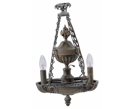 A Regency bronze twin light colza oil hanging lamp, circa 1815, with fluted urn reservoir above a boat shaped body, cast with