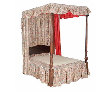  A mahogany tester bed  , circa 1780 and later, with a pair of fluted and reeded posts and  carved spiral balusters ,  chintz