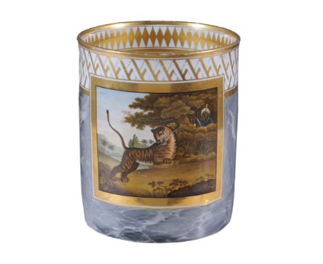  A large Chamberlain's Worcester cylindrical tankard,   circa 1805,  painted with a rectangular panel of a leaping tiger with