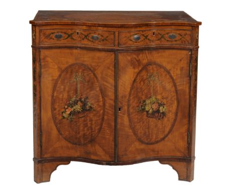  A Sheraton Revival crossbanded satin wood serpentine fronted side cabinet  , late 19th century, with ebony and box string in