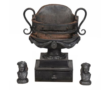  A George III cast iron urn pattern fire basket  , circa 1780,  with entwined snake handles and ribbon swag decoration above 