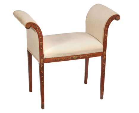  An Edwardian Sheraton Revival painted satinwood dressing stool  , circa 1905,  with stuffed overscrolled arms, the seat rail