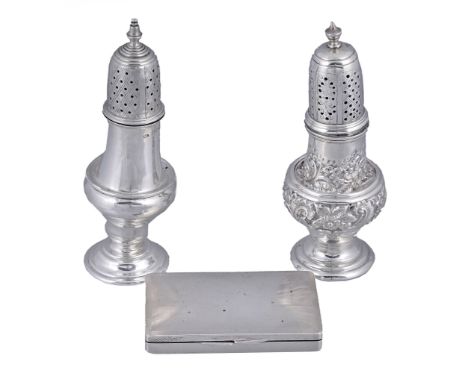  Two silver vase shaped pepperettes,   one embossed by John Round  &  Son Ltd, Sheffield 1894, the other plain by William Ada