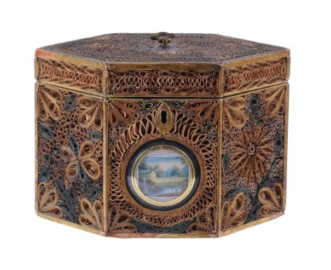  A George III hexagonal rolled paperwork decorated tea caddy  , circa 1790, of hexagonal section,  the front inset with a  wa